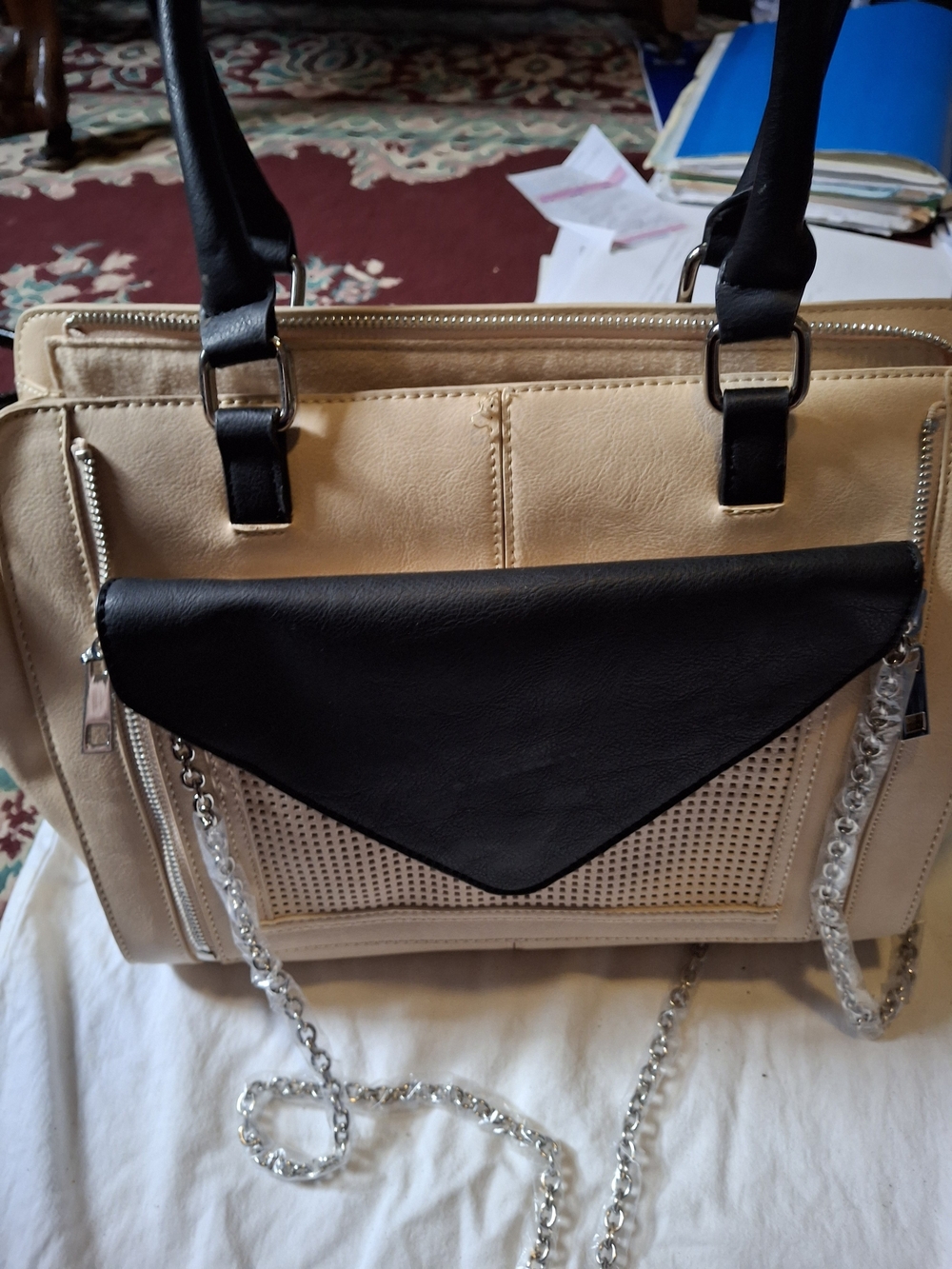 Beige Black Colorblock Satchel + Envelope Crossbody Bag
